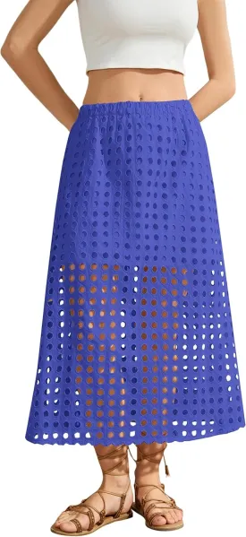 Women Summer Eyelet Maxi Skirt Cotton Holow Out High Elastic Waist Beach Skirt Flowy Long Skirts with Underneath