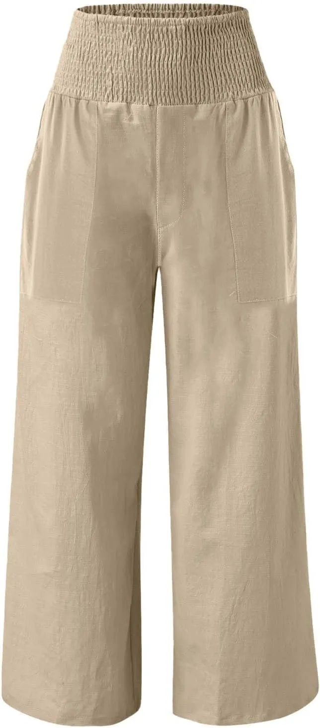 Womens Elastic High Waisted Palazzo Pants Casual Wide Leg Smock Lounge Pant Solid Beach Trousers with Pocket