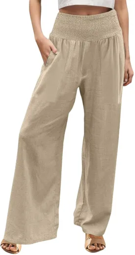 Womens Elastic High Waisted Palazzo Pants Casual Wide Leg Smock Lounge Pant Solid Beach Trousers with Pocket