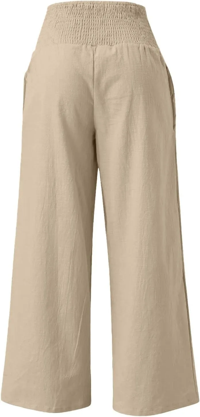 Womens Elastic High Waisted Palazzo Pants Casual Wide Leg Smock Lounge Pant Solid Beach Trousers with Pocket