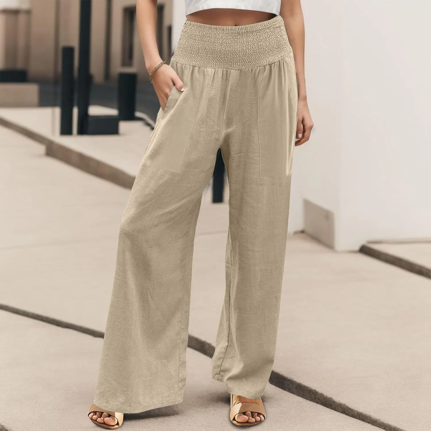 Womens Elastic High Waisted Palazzo Pants Casual Wide Leg Smock Lounge Pant Solid Beach Trousers with Pocket
