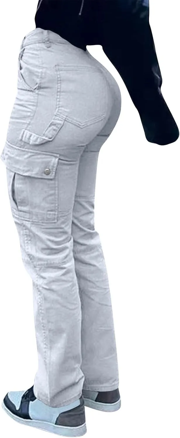 Women's Fashion Solid Color Hip High Waist Multi-Pocket Workwear Dressy Casual Jeans