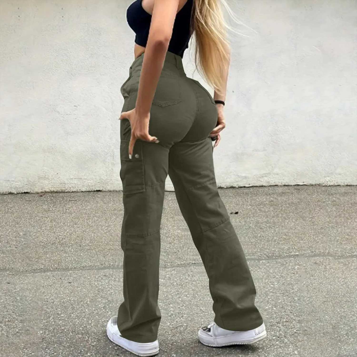 Women's Fashion Solid Color Hip High Waist Multi-Pocket Workwear Dressy Casual Jeans
