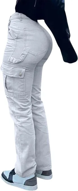 Women's Fashion Solid Color Hip High Waist Multi-Pocket Workwear Dressy Casual Jeans