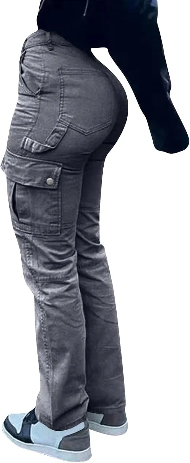 Women's Fashion Solid Color Hip High Waist Multi-Pocket Workwear Dressy Casual Jeans