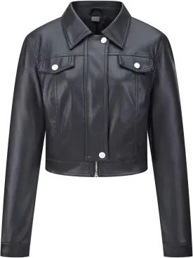 Women's Faux Leather Jacket Cropped Motorcycle Biker Jacket Moto PU Leather Jacket