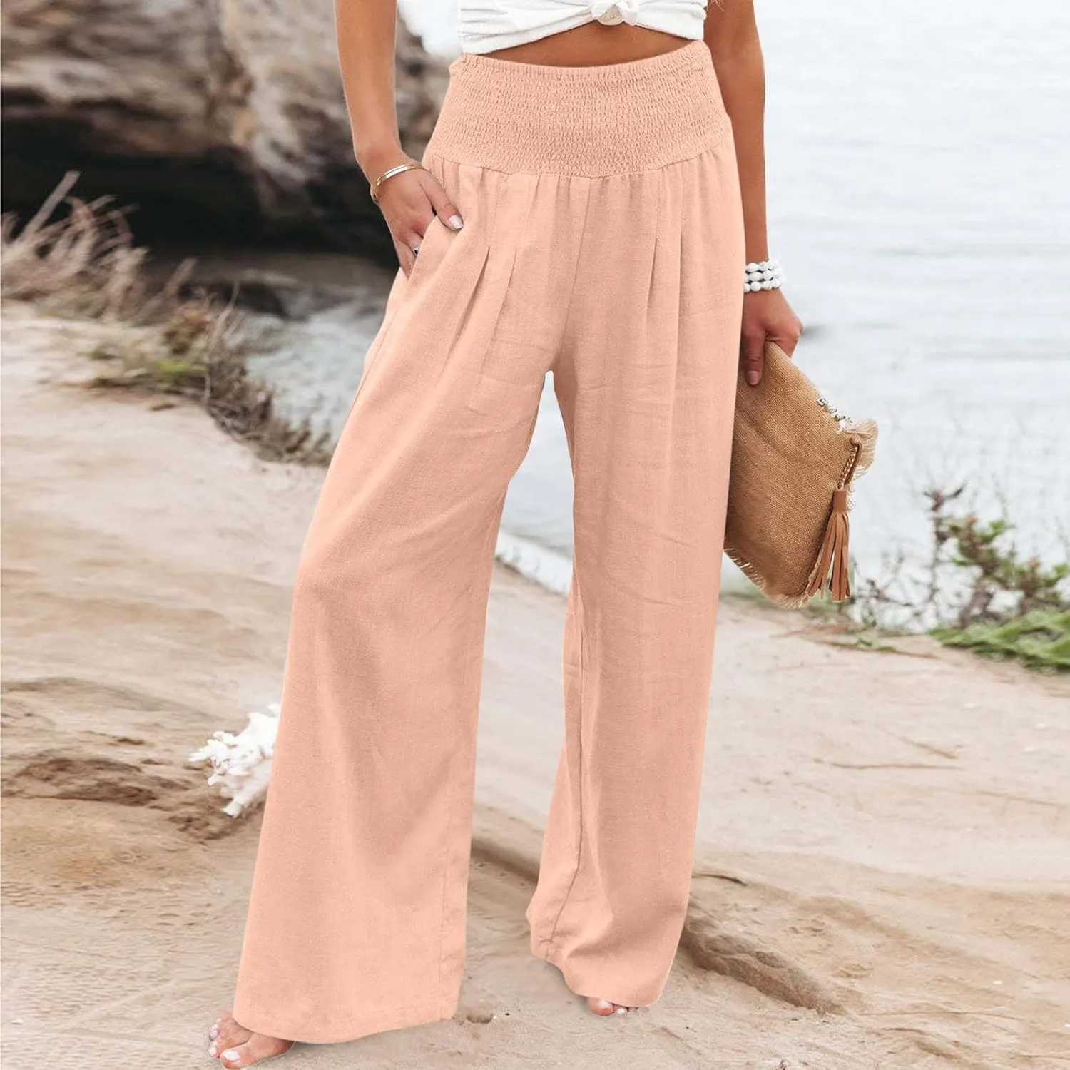 Women's High Waist Wide Leg Pants, Dressy Casual Palazzo Pant Solid Casual Beach Pant Flowy Trousers for Ladies
