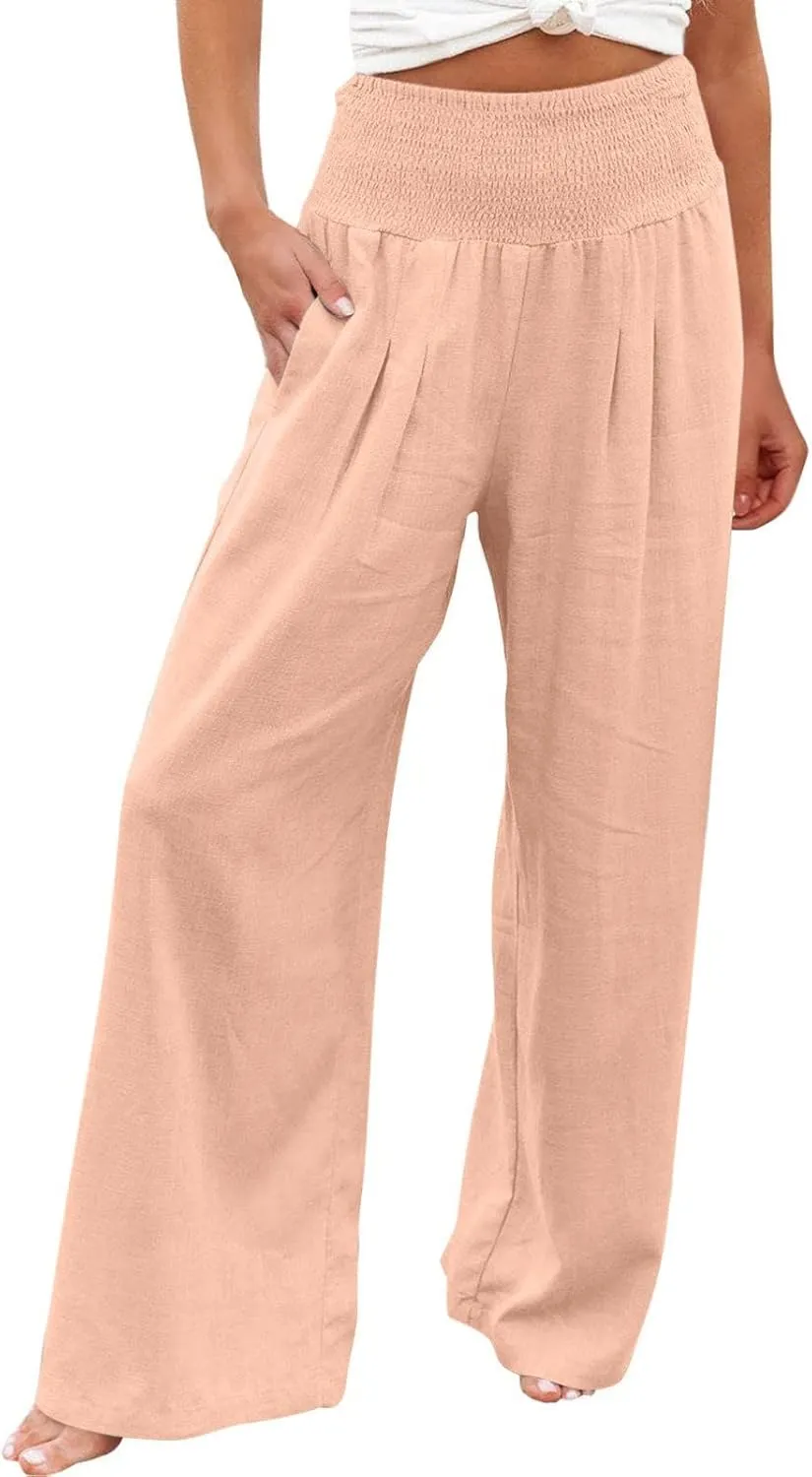 Women's High Waist Wide Leg Pants, Dressy Casual Palazzo Pant Solid Casual Beach Pant Flowy Trousers for Ladies