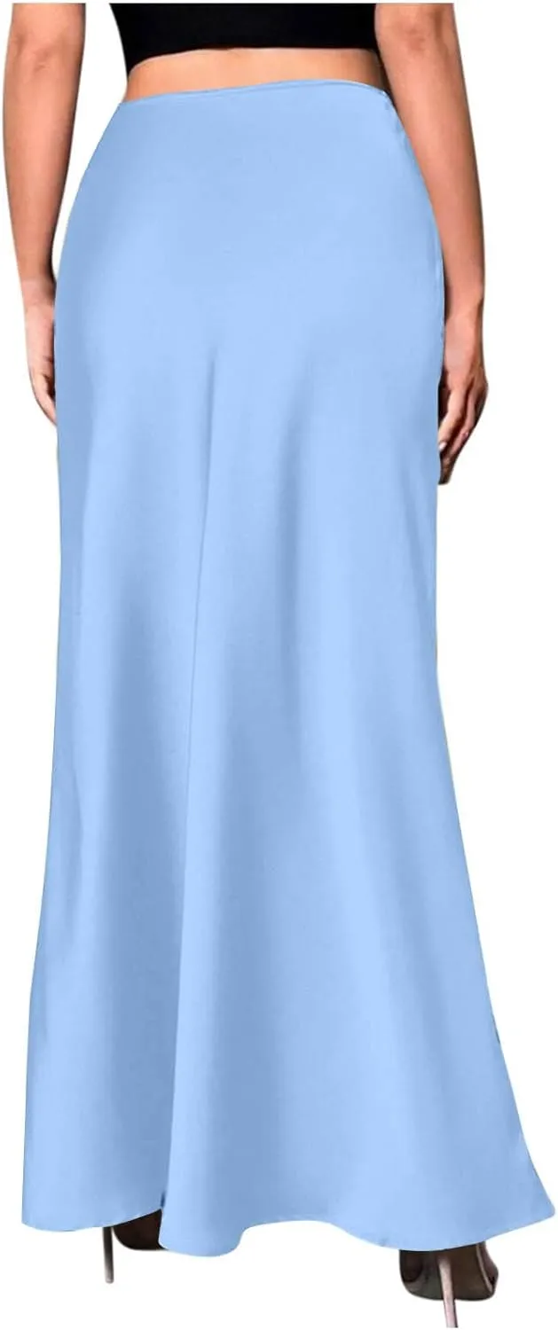 Women's Long Satin Skirt with Zipper High Waisted Flared Casual A Line Maxi Silk Skirts Party Wedding Dress