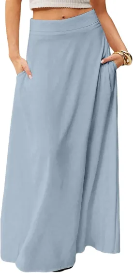 Women's Long Skirts Fall High Waisted Stretchy Solid Flowy Soft Beach Maxi Skirt, S-2XL