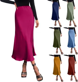 Women's Midi Satin Skirt Dressy Casual High Waisted A Line Flowy Ruffle Elegant Summer Party Cocktail Calf Length Skirts