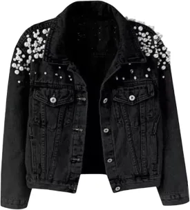 Women's Pearls Denim Jacket Long Sleeve Button Up Jacket Casual Embroidered Club Short Jean Jacket