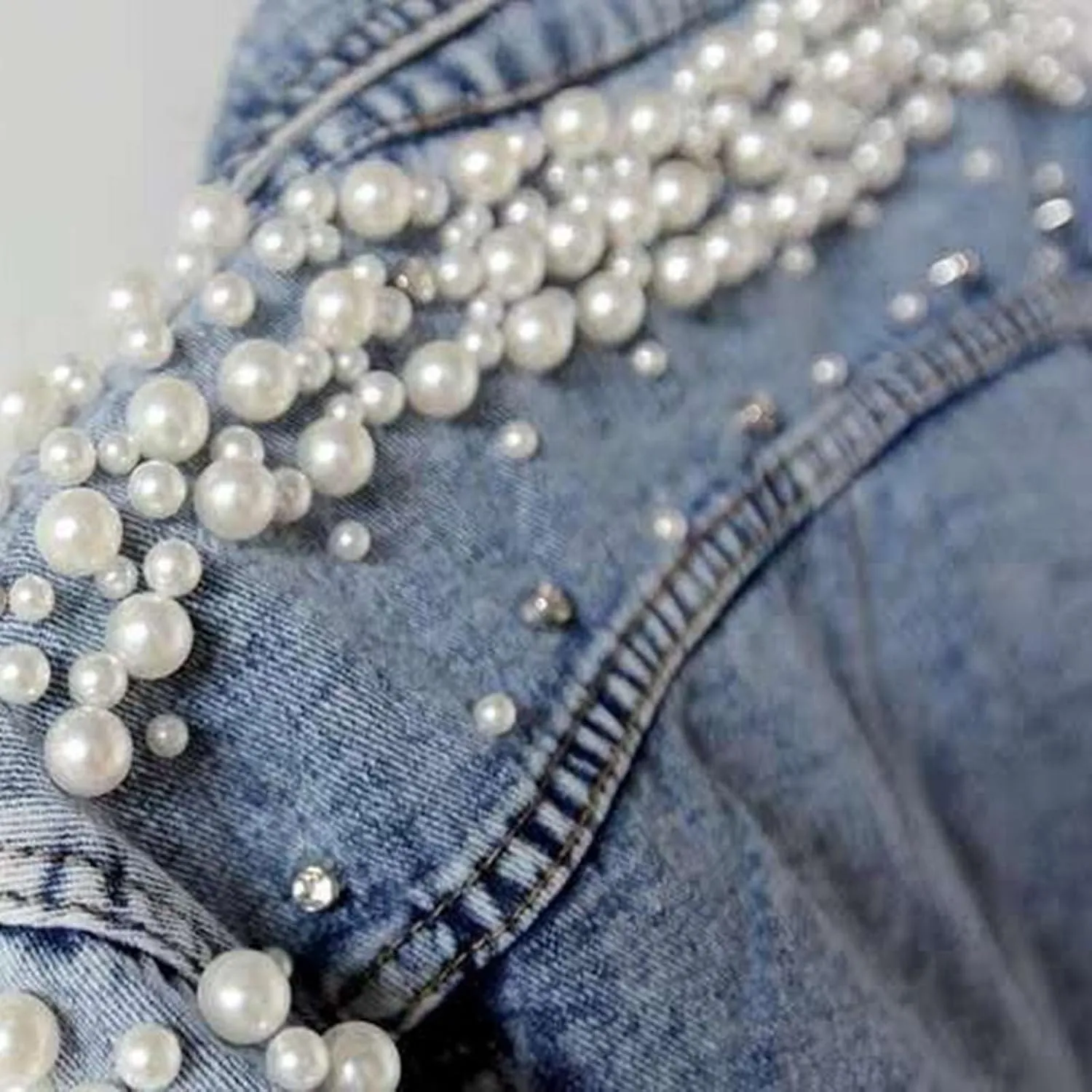 Women's Pearls Denim Jacket Long Sleeve Button Up Jacket Casual Embroidered Club Short Jean Jacket