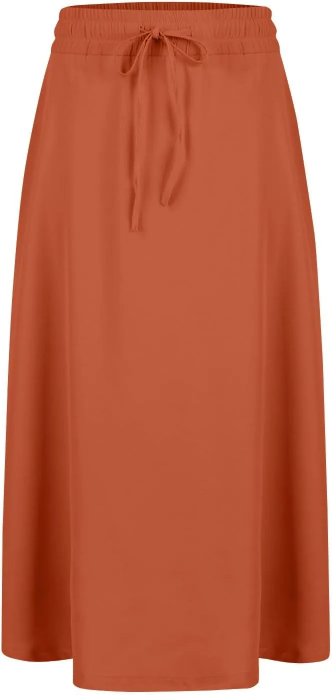 Womens Skirts Summer Midi Skirt Drawstring High Waisted Knee Length Skirt Pleated A-Line Swing Skirts with Pockets