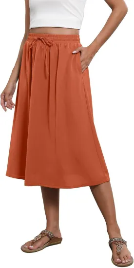 Womens Skirts Summer Midi Skirt Drawstring High Waisted Knee Length Skirt Pleated A-Line Swing Skirts with Pockets