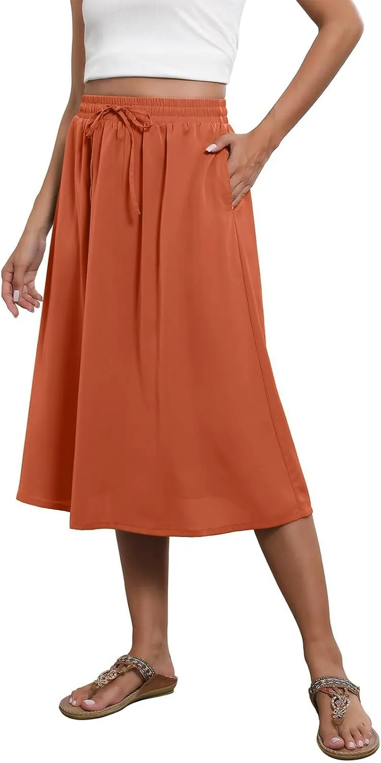 Womens Skirts Summer Midi Skirt Drawstring High Waisted Knee Length Skirt Pleated A-Line Swing Skirts with Pockets