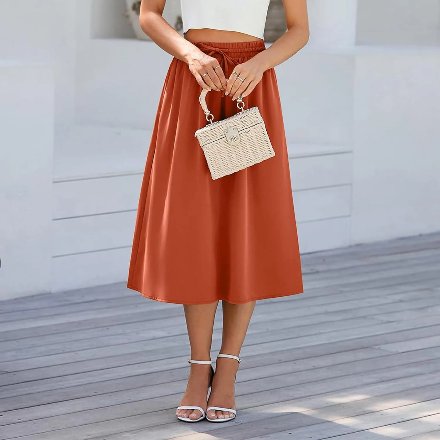 Womens Skirts Summer Midi Skirt Drawstring High Waisted Knee Length Skirt Pleated A-Line Swing Skirts with Pockets