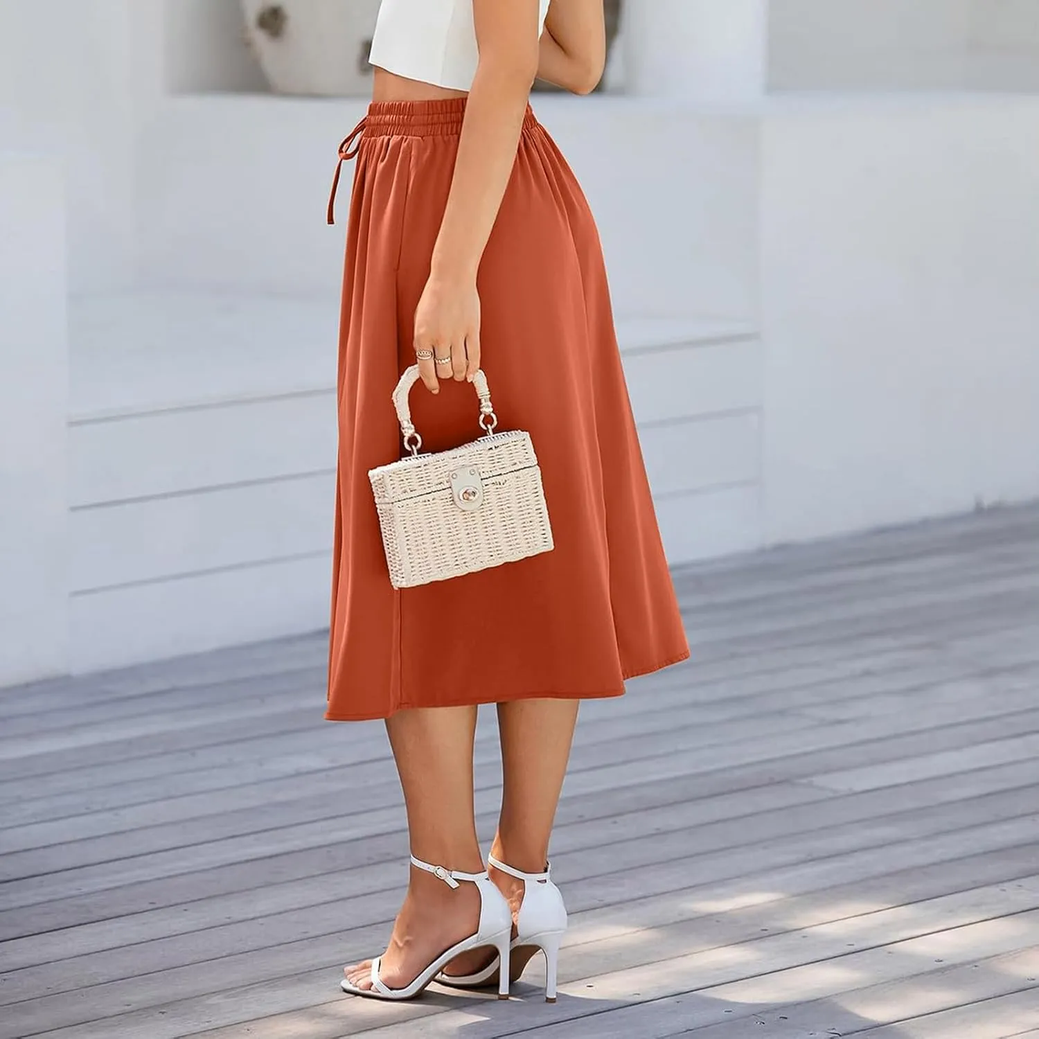 Womens Skirts Summer Midi Skirt Drawstring High Waisted Knee Length Skirt Pleated A-Line Swing Skirts with Pockets