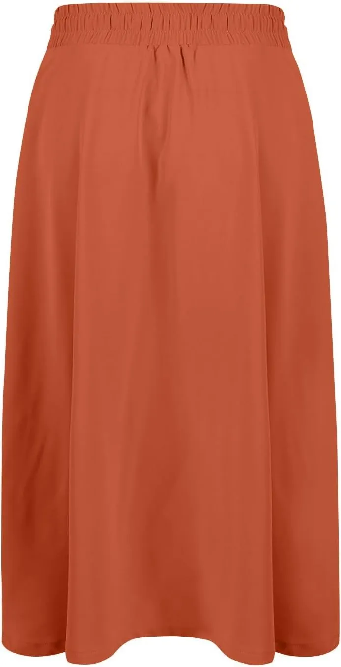 Womens Skirts Summer Midi Skirt Drawstring High Waisted Knee Length Skirt Pleated A-Line Swing Skirts with Pockets