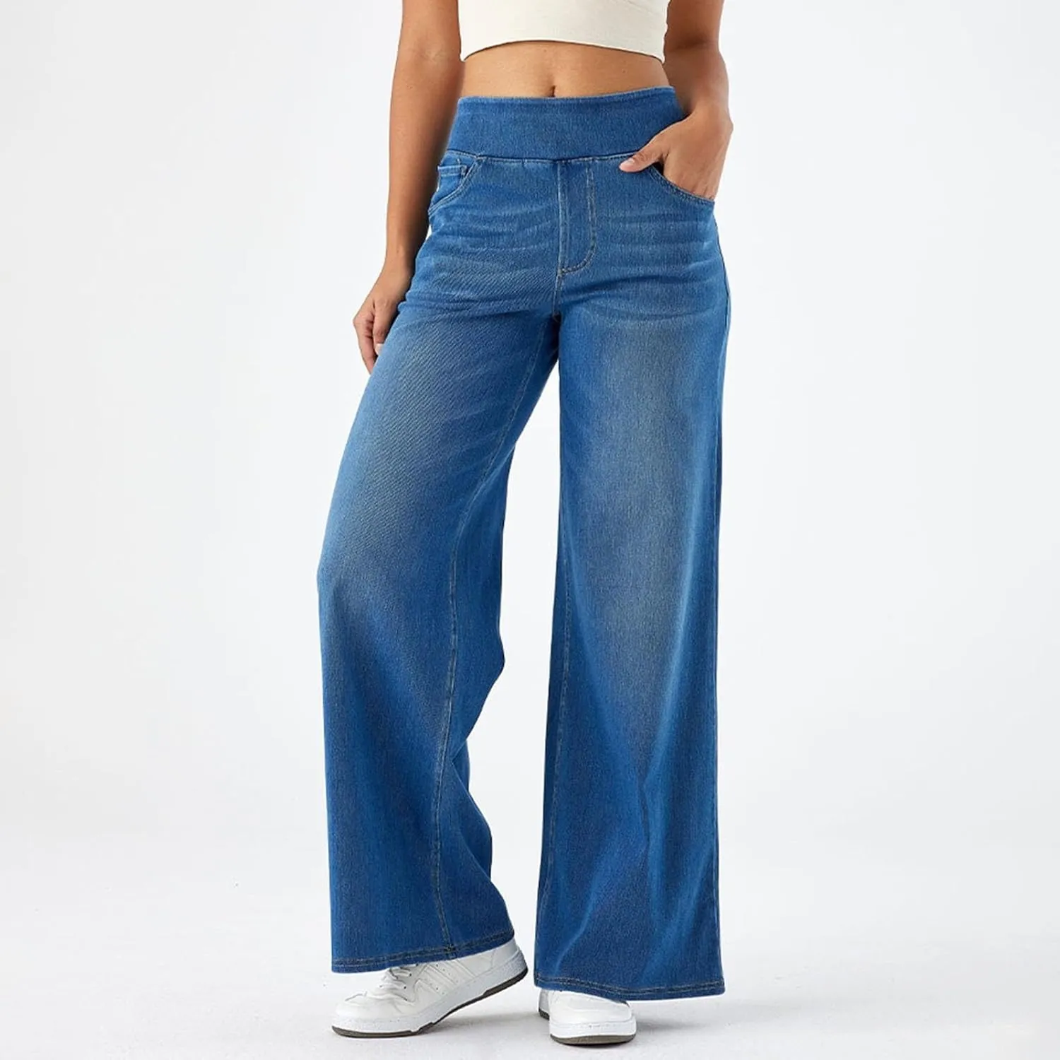 Womens Stretchy Wide Leg Jeans Mid Rise Elastic Waist Jeans Baggy Loose Denim Pants Oversized Trendy Casual Trousers