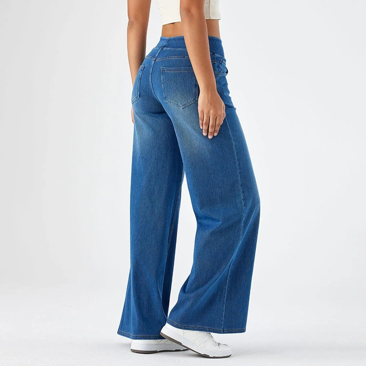 Womens Stretchy Wide Leg Jeans Mid Rise Elastic Waist Jeans Baggy Loose Denim Pants Oversized Trendy Casual Trousers