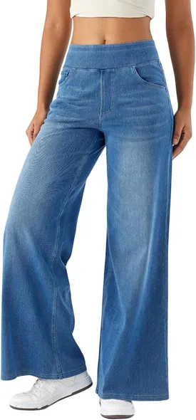 Womens Stretchy Wide Leg Jeans Mid Rise Elastic Waist Jeans Baggy Loose Denim Pants Oversized Trendy Casual Trousers