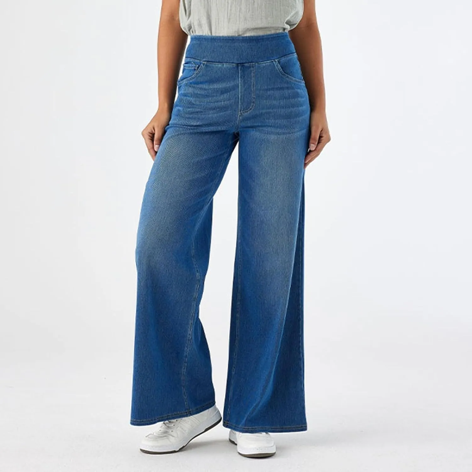 Womens Stretchy Wide Leg Jeans Mid Rise Elastic Waist Jeans Baggy Loose Denim Pants Oversized Trendy Casual Trousers