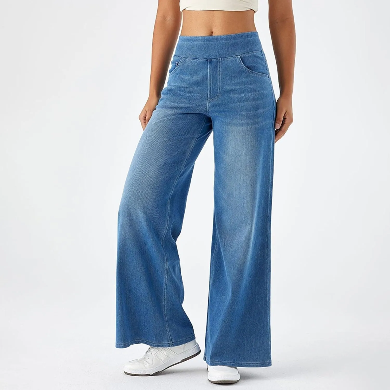Womens Stretchy Wide Leg Jeans Mid Rise Elastic Waist Jeans Baggy Loose Denim Pants Oversized Trendy Casual Trousers