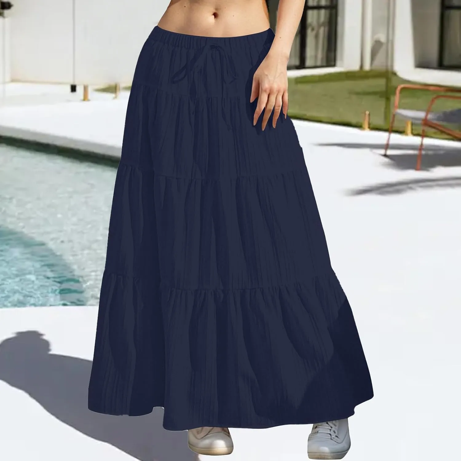 Women's Summer Casual Maxi Skirt Boho Flowy Swing Tiered A-Line Skirt 2025 Fashion Pleated Beach Long Skirts