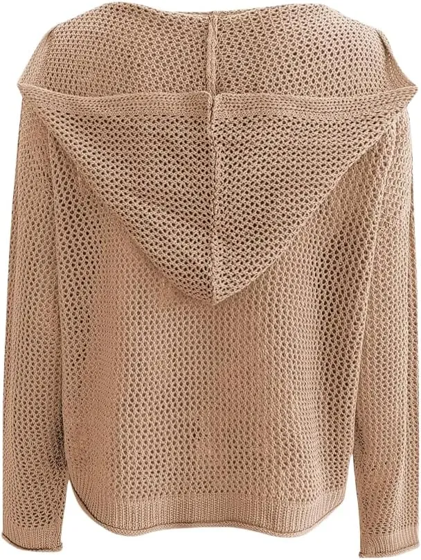 Womens V-Neck Long Sleeve Sweaters, 2025 Spring Crochet Knit Sweaters for Women, Loose Fit Lightweight Blouse, Coral