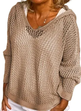 Womens V-Neck Long Sleeve Sweaters, 2025 Spring Crochet Knit Sweaters for Women, Loose Fit Lightweight Blouse, Coral