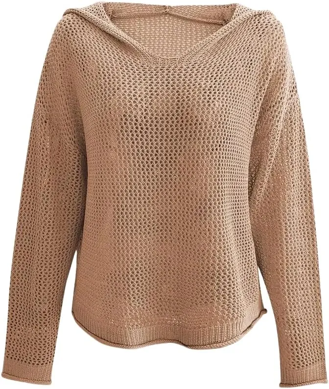 Womens V-Neck Long Sleeve Sweaters, 2025 Spring Crochet Knit Sweaters for Women, Loose Fit Lightweight Blouse, Coral