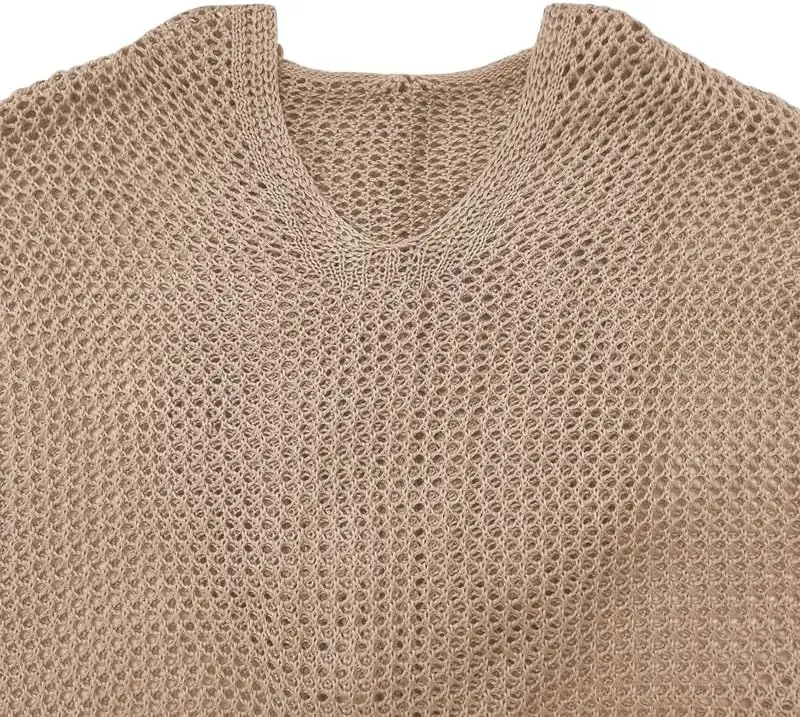 Womens V-Neck Long Sleeve Sweaters, 2025 Spring Crochet Knit Sweaters for Women, Loose Fit Lightweight Blouse, Coral