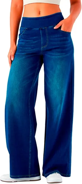 Womens Wide Leg Jeans Stretch Mid Rise Elastic Waist Jeans Baggy Loose Denim Pants Oversized Trendy Casual Trousers