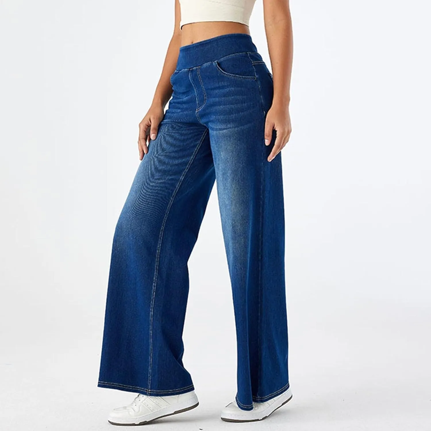 Womens Wide Leg Jeans Stretch Mid Rise Elastic Waist Jeans Baggy Loose Denim Pants Oversized Trendy Casual Trousers