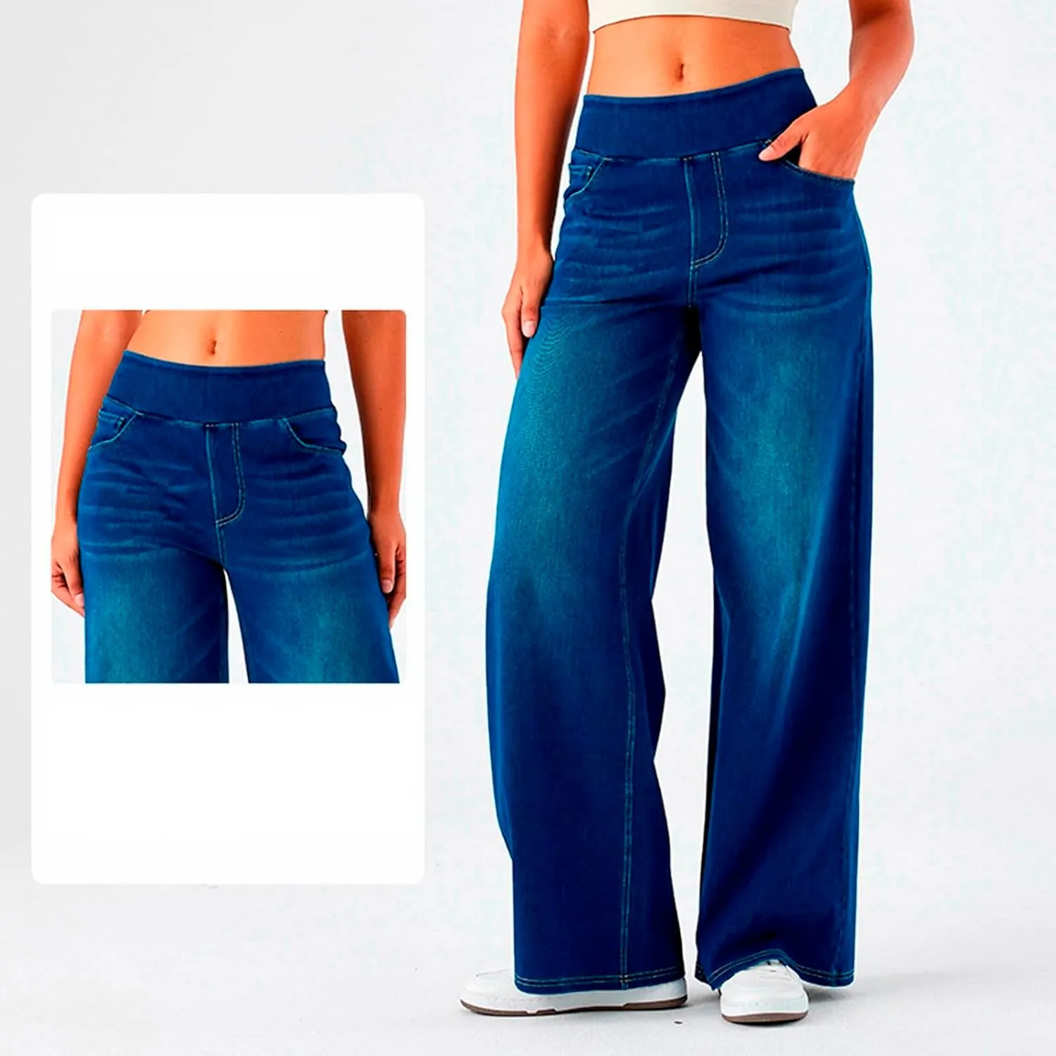 Womens Wide Leg Jeans Stretch Mid Rise Elastic Waist Jeans Baggy Loose Denim Pants Oversized Trendy Casual Trousers