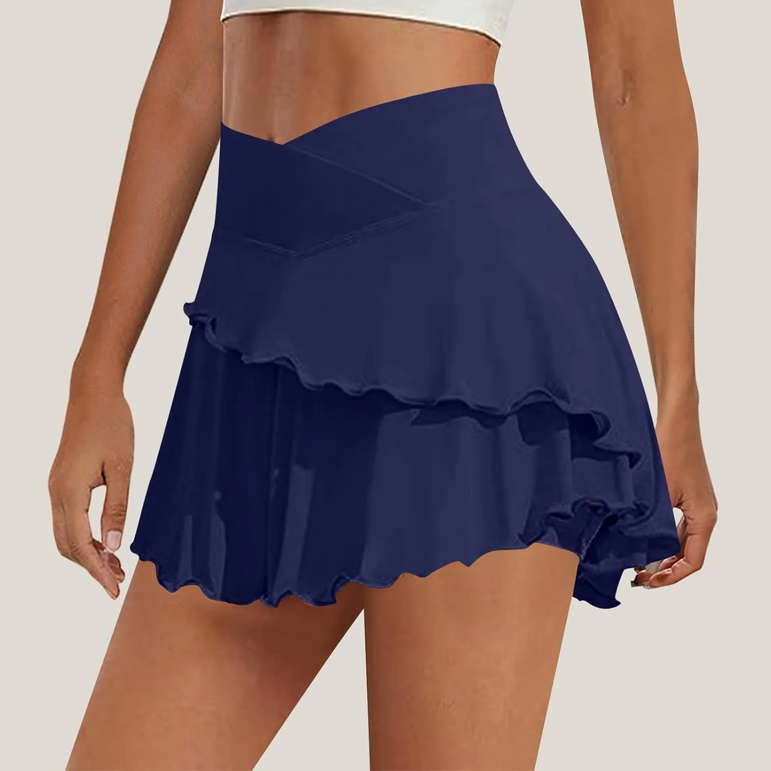Womens Workout Mini Skirts Summer Fashion Double-Layer Ruffle Skirts Solid Short Yoga Wear Fitness Sports Tennis Skirts
