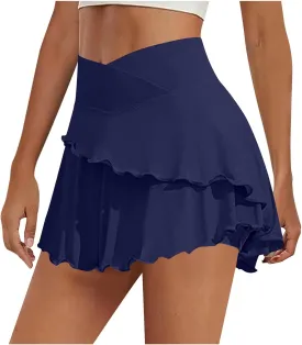 Womens Workout Mini Skirts Summer Fashion Double-Layer Ruffle Skirts Solid Short Yoga Wear Fitness Sports Tennis Skirts