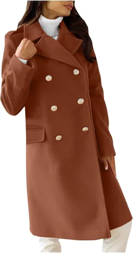 Wool Blend Trench Coat for Women, Fashion Casual Notch Lapel Double Breasted Mid Long Pea Coats Loose Overcoat Jacket